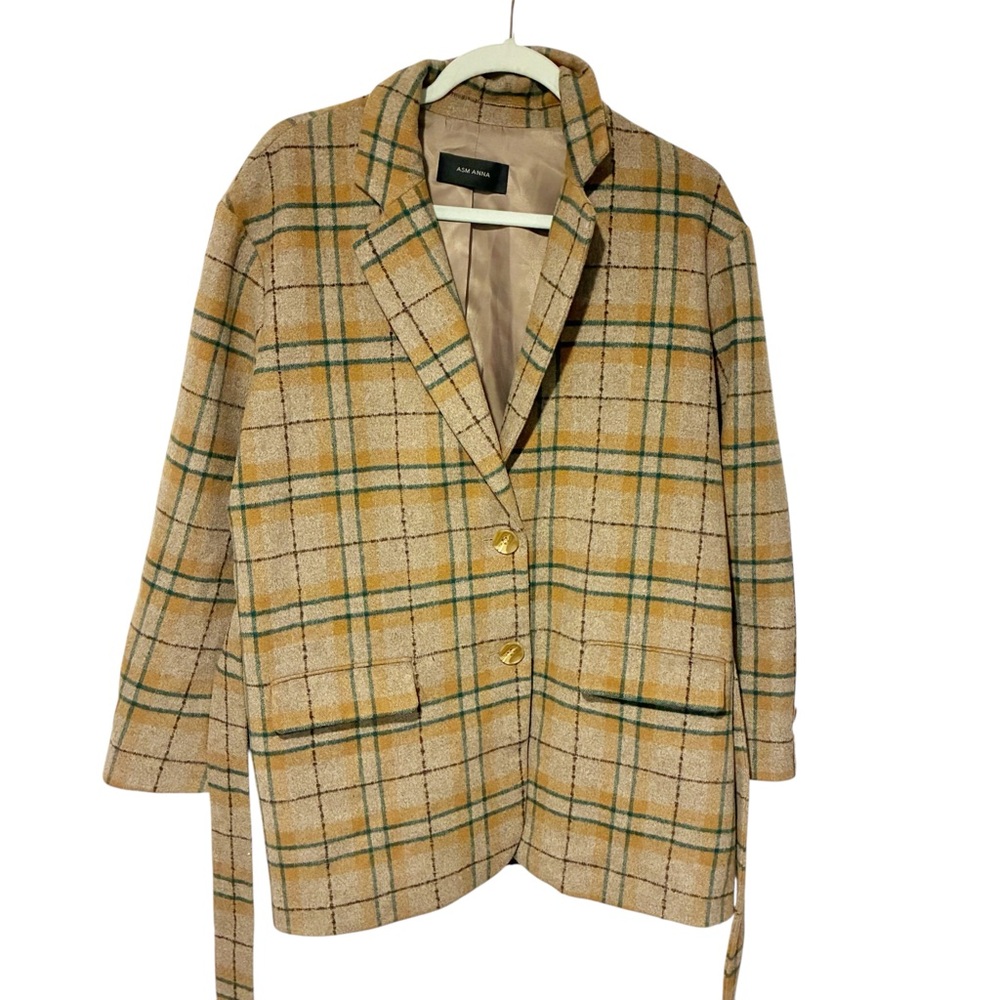 Asm Anna‎ Brown Plaid Belted Button Front Coat Size Medium